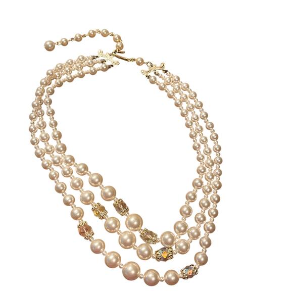 Vintage Jewelry - Vintage Japan Faux Pearl Multi Strand Necklace AB Crystal Beads Mid Century